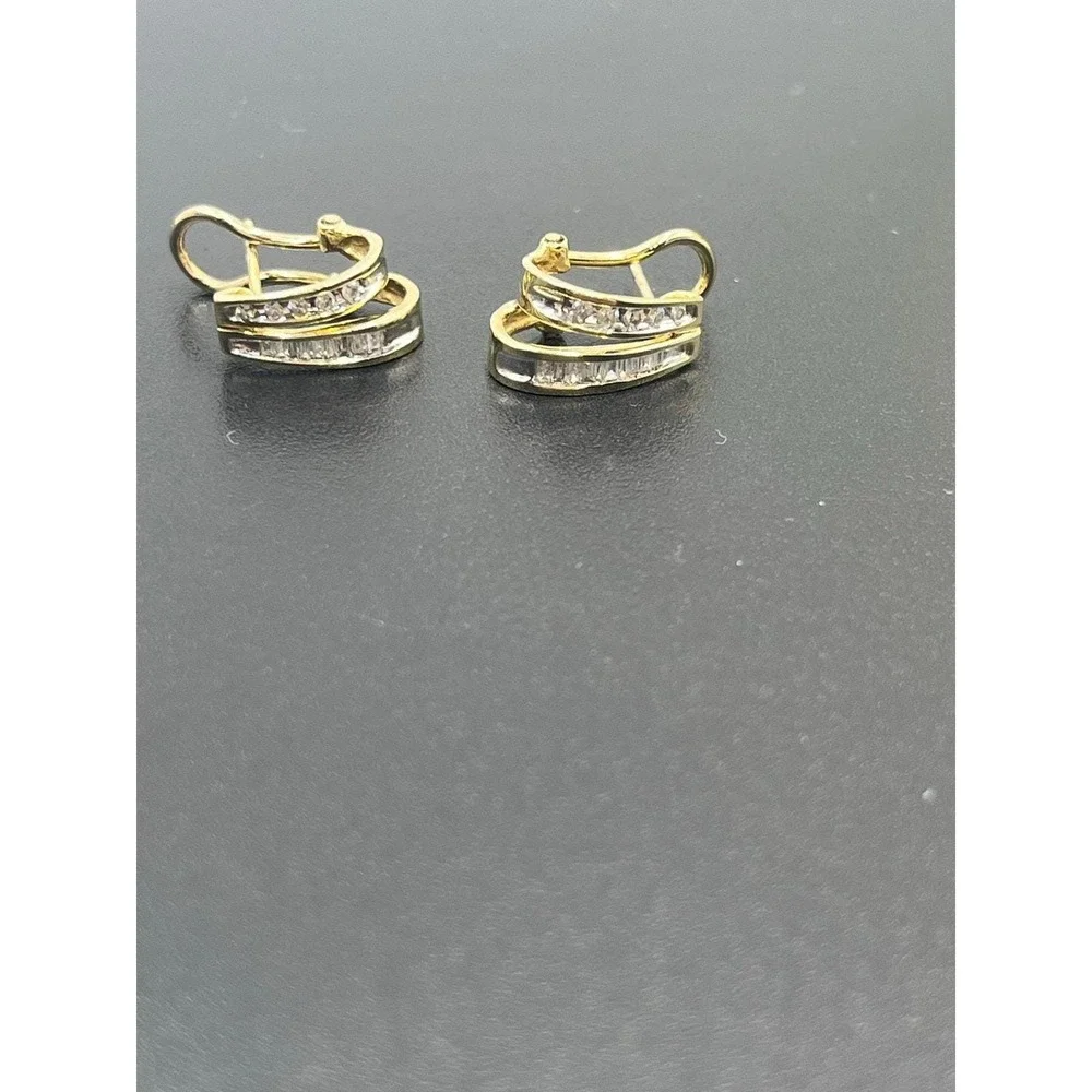 10K‎ Yellow Gold 30 Diamonds Round  Baguette Channel Huggie Hoop Omega Earrings